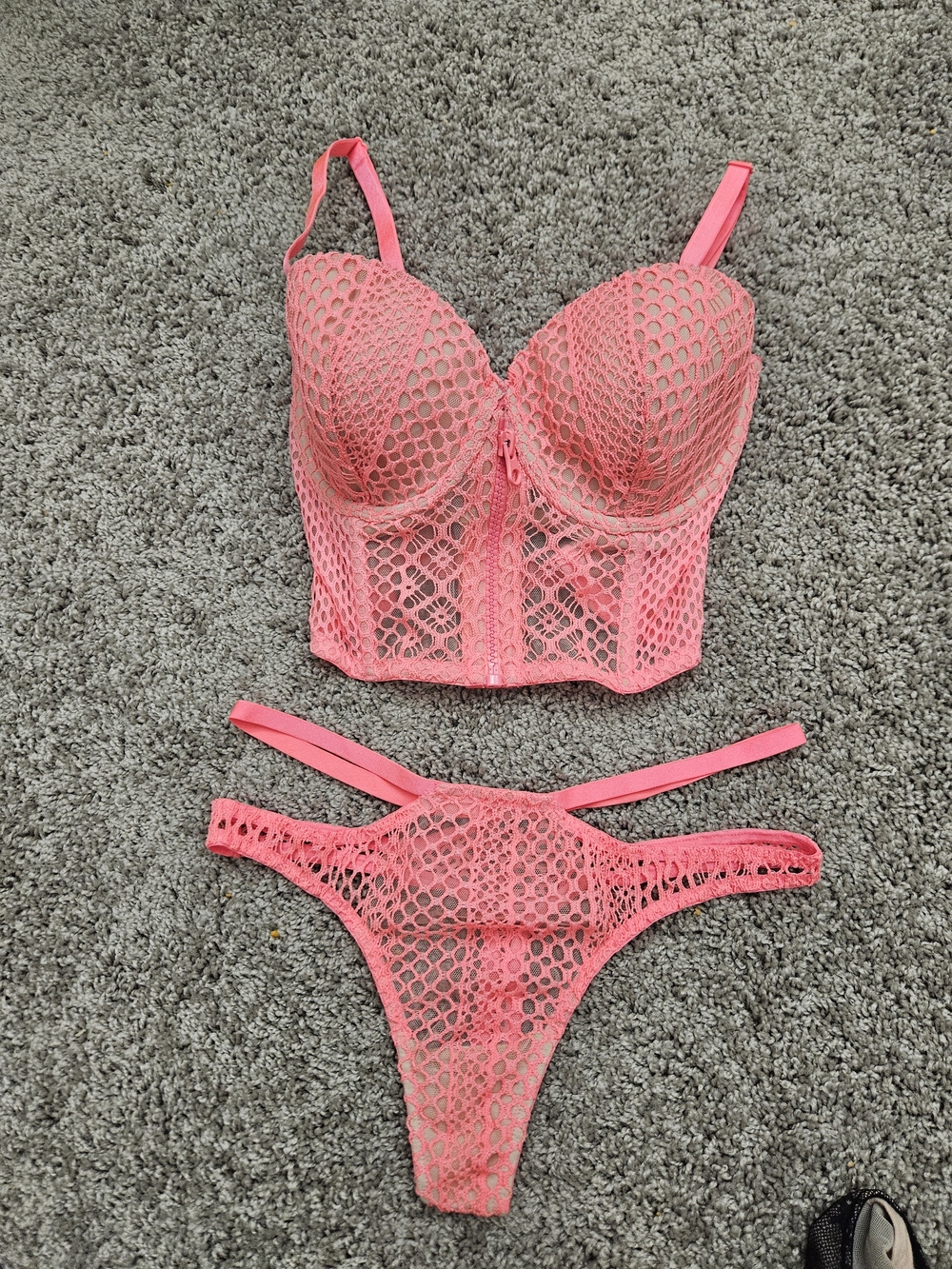 Neon Coral Lace Bustier Set - Mesh Two-Piece Lingerie